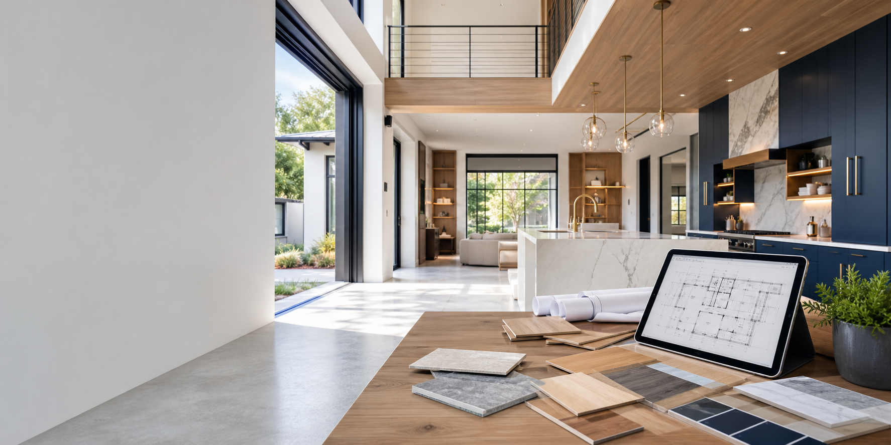 Modern home interior with construction planning samples and digital blueprint